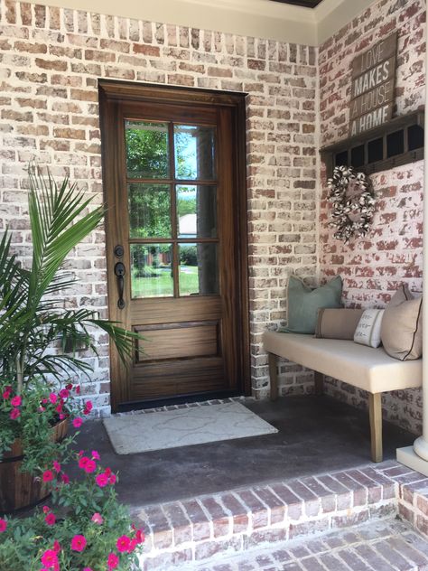 After renovation! Friends Entrance Brick Entrance Front Porches, Brick Porches Ideas Entrance, Friends Entrance, Friends Entry, Entrance Walkway, Outdoor Entryway Decor, Front Entrance Decor, Brick Wall Decor, Small Porch Decorating