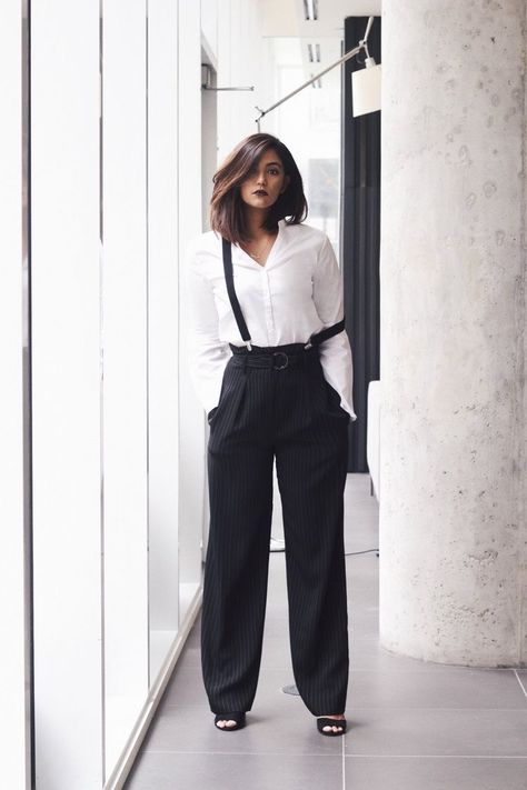 Outfits With Suspenders, Dandy Look, 40s Mode, Suspenders Outfit, Suspenders For Women, Chique Outfits, Suspender Pants, Androgynous Fashion, Wide Leg Pant