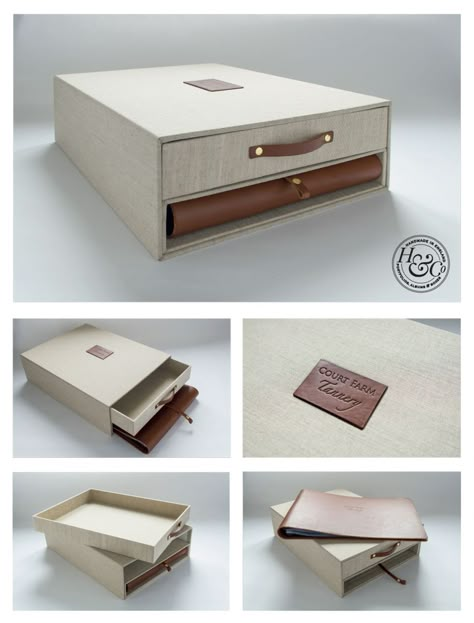 Essentially this is one big slip case with a drawer and smaller slip case - the smaller slip case contains a leather album and a leather pull.  This is an ideal product to keep the records and memories of a big undertaking or event like building a house or a wedding. As each one we make are all individual and bespoke, they can be made to any size and configuration.  You can choose between linen (pictured) or buckram for the outer cover and leather or hidden screw post for the album. Wedding Album Cover Design, Luxury Packaging Design, Creative Industry, Box Packaging Design, Leather Box, Drawer Box, Luxury Packaging, Creative Packaging Design, Creative Packaging