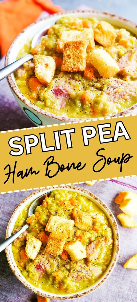 Collage of bowlful of ham bone split pea soup at top and bottom. Ham Bone Split Pea Soup, Ham And Cheese Pretzel, Ham Bone Soup Recipes, Ham Bone Recipes, Split Pea And Ham Soup, Pip And Ebby, Delicious Lunch Recipes, Ham Bone Soup, Pea Soup Recipe