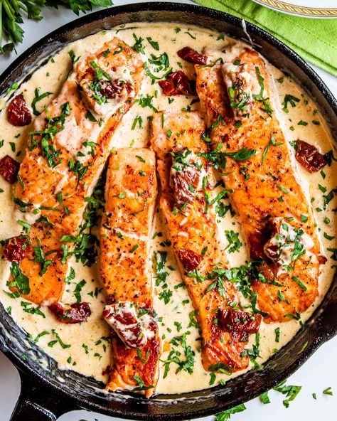 One Pan Tuscan Salmon, Salmon And Eggplant Recipe, Salmon Recepies, Creamy Tuscan Salmon, Tuscan Salmon Recipe, Tuscan Salmon, Salmon Seasoning, White Wine Sauce, Parmesan Sauce