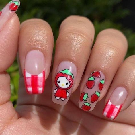 #nails #hellokitty #strawberry Uñas Hello Kitty, Pastel Goth Nails, Blue Diamond Nails, Strawberry Hello Kitty, Sanrio Nails, Birthday Nail Art, Nails Funky, Nail Art For Kids, Kitty Nails