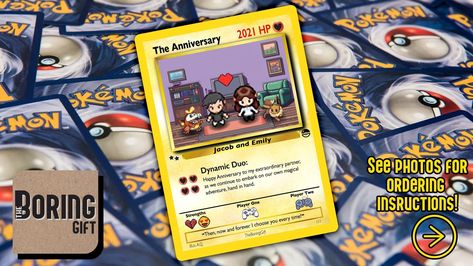 A super unique gift for the person who has everything, this anniversary-themed Pokemon card has interchangable characters and can be customized with your names too. Will You Be My Padrino Ideas, 1st Anniversary Gifts For Him, Pokemon Couples, Pokemon Blue, Pokemon Gifts, 1st Anniversary Gifts, Pokemon Card, Personalized Anniversary, Valentine Card