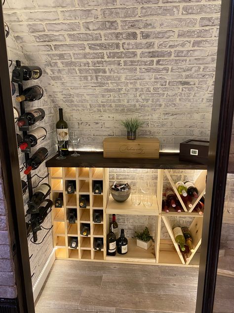 Coffee And Wine Bar Ideas Under Stairs, Wine Storage Basement, Under Stairs Wine Fridge, Small Wine Cellar Ideas Basements, Under Stairs Bourbon Storage, Wine Rack Under Stairs, Diy Wine Cellar Closet, Bourbon Closet, Whiskey Closet