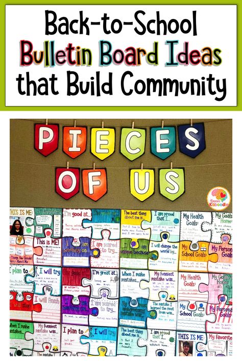 Looking for back-to-school bulletin board ideas?  These bulletin boards build community and show students that every class member is respected and accepted.  Use the puzzle bulletin board to create a positive classroom climate, the poster set for emphasizing acceptance and respect of individual differences, and the community building bulletin board for creating classroom agreements. Supporting social-emotional learning is easy with these back-to-school bulletin board ideas! #bulletinboardideas Meaningful Bulletin Board Ideas, Puzzle Piece School Theme, Afterschool Bulletin Boards Ideas, Get To Know You Bulletin Board Ideas, Class Community Bulletin Boards, Bulletin Board Puzzle Pieces, Student Made Bulletin Boards, Puzzle Piece Classroom Activity, Social Emotional Learning Bulletin Board Ideas