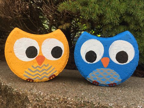 Owl Pavers Patio Paver Owls, Fun Landscape Ideas, Painted Landscape Bricks, Crescent Paver Ideas, Painting Pavers Ideas, Owl Pavers, Crescent Pavers Crafts, Painted Pavers Ideas, Painted Bricks Crafts