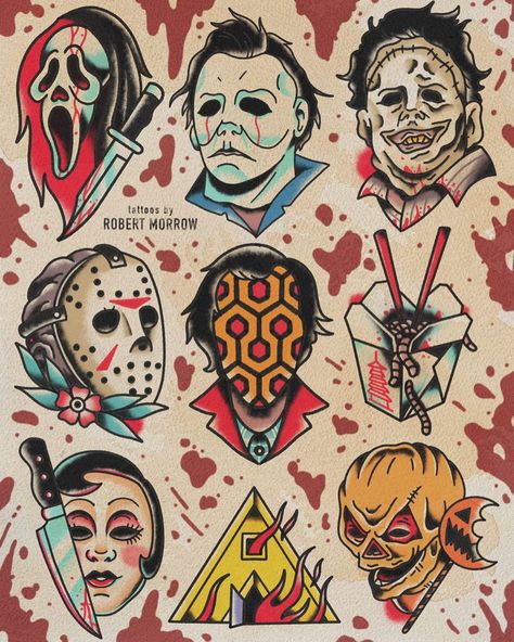 Robert Morrow on Instagram: “So I’ll be running a Halloween Flash Special this Saturday @gallery4twelve . I’d like to tattoo as many of these designs as possible. $150…” Traditional Tattoo Flash Sheet, Halloween Tattoo Flash, Traditional Tattoo Flash Sheets, Tato Flash, Horror Movie Tattoos, Movie Tattoo, Movie Tattoos, Theme Tattoo, Flash Sheet