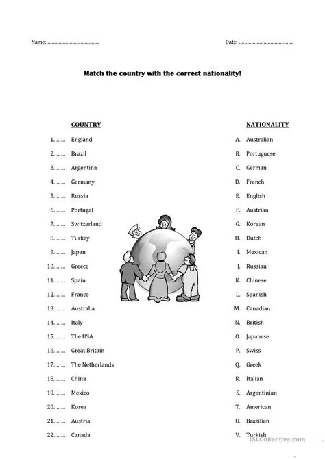 Countries and nationalities worksheet - Free ESL printable worksheets made by teachers English For Beginners, Language Worksheets, English Phonics, Kids English, Vocabulary Worksheets, English Activities, School Worksheets, Esl Teaching, Teaching Jobs