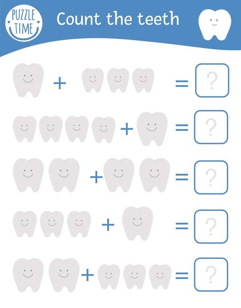 Math game with teeth. Dental care mathematic activity for preschool children. Printable counting worksheet. Educational addition riddle with cute funny elements. Mouth hygiene quiz for kids Tooth Preschool, Body Parts Preschool Activities, Dental Health Preschool, Quiz For Kids, Mouth Hygiene, Counting Worksheet, Dental Health Activities, Activity For Preschool, Dental Hygiene School