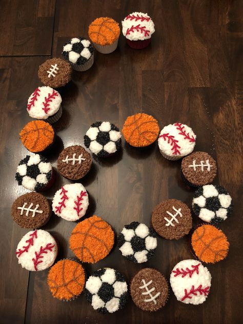 Soccer And Basketball Birthday Party, Sport Themed Cupcakes, Sports Birthday Cupcakes, Sports Cupcakes Ideas Boys, Sports Theme Cupcakes, Sports Desserts, Sports Cupcakes, Soccer Cupcakes, Basketball Birthday Cake