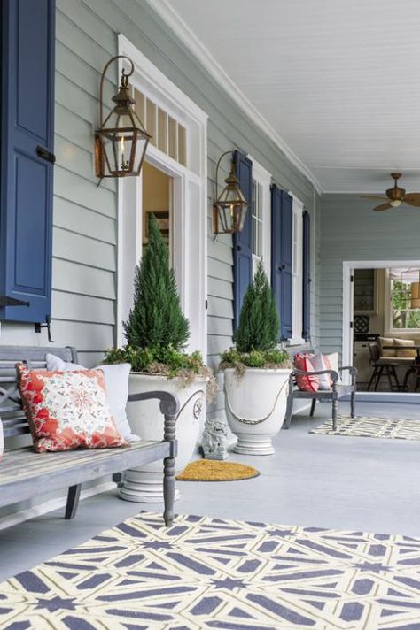 Singular Style | Charleston Magazine                                                                                                                                                                                 More Porch Lights Ideas, Coastal Exterior House Colors, Front Porch Lights, Colorful Porch, Alfresco Ideas, Front Porch Furniture, Coastal Exterior, Front Porch Lighting, Traditional Porch