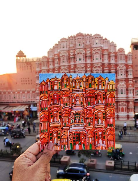 An illustration of the Hawa Mahal with the actual Hawa Mahal🥺 Hawa Mahal Painting, Hawa Mahal Illustration, Hawa Mahal Sketch, Rajasthani Illustration, Jaipur Painting, Rajasthan Painting, Rajasthani Painting, Hawa Mahal, Rajasthani Art