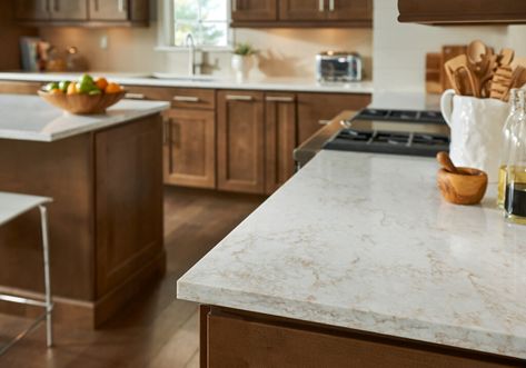 Three LG Hayus Quartz Colors To Modernize Your Stained Cabinets - Precision Countertops Home Depot Quartz Countertops, Viatera Quartz Countertops, Countertop Options, Quartz Kitchen Countertops, Maple Cabinets, Cherry Cabinets, Quartz Slab, Quartz Kitchen, Art Studio At Home