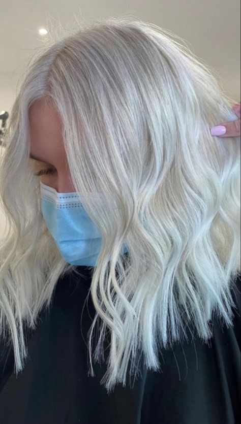 White Blonde Medium Length Hair, Platinum Gray Blonde Hair, Medium Length Haircut Platinum Blonde, Icy Blonde Highlights Short Hair, Ice Blonde Hair Short, Full Blonde Highlights Short Hair, Platinum Blonde Medium Length Hair, Full Platinum Blonde Hair, Platinum Blonde With Money Piece