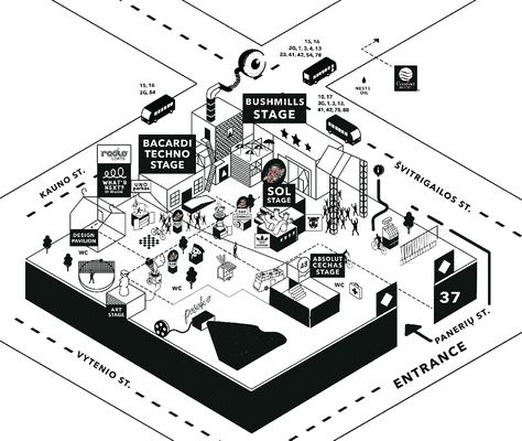 Isometric map was made for music festival Loftas fest'15. During the festival industral yard changes to 'attractions' full of activities, installations, food trucks and music.  Thanks Pijus Balkaitis for animation. Festival Map Illustration, Isometric Map Design, Isometric Map Illustration, Festival Map Design, Event Map Design, Map Graphic Design, Map Animation, Festival Map, Festival Activities