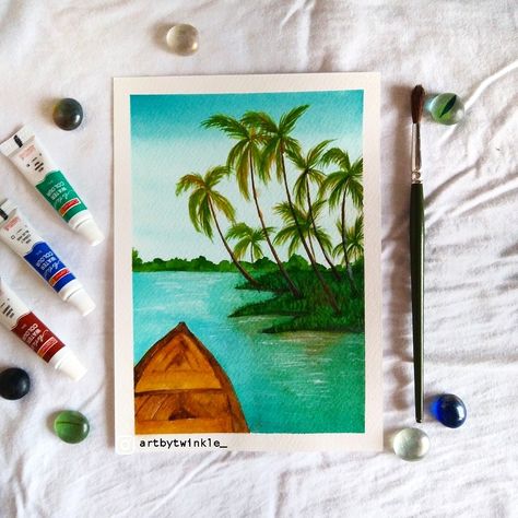 Kerala Painting, Kerala Backwaters, Scenery Paintings, Oil Pastel Art, Watercolor Landscape Paintings, Pastel Art, Instagram Art, Art Pages, Acrylic Paintings