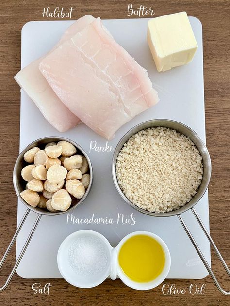 Macadamia Halibut Recipes, Macadamia Nut Crusted Halibut, Macadamia Crusted Halibut, Macadamia Halibut, Ahi Recipes, Crusted Halibut, Halibut Recipe, Macadamia Nut Butter, Halibut Recipes