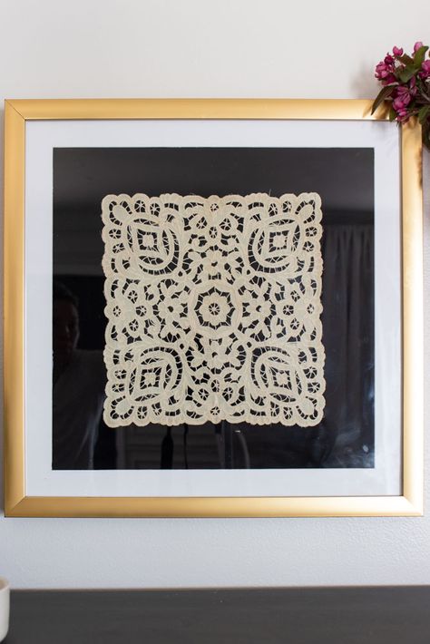 You can use several lace doilies to group together, on a table or piano, like I did, or in a gallery wall. Framed Doilies, Focal Point Art, White Square Frame, Point Art, Doily Art, Blue Interiors, Simply Home, Interior Design Plan, Spring Floral Arrangements