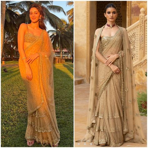 Ananya Panday X Arpita Mehta saree for Rakulpreet and Jackky Bhagnani's wedding in Goa • Stylist: @mohitrai @shubhi.kumar • Ananya Panday… | Instagram New Wedding Saree Designs, Dresses For Photoshoot Outfits, Ananya Pandey Diwali Outfit, Arpita Mehta Lehenga, Ananya Panday Saree, Customized Lehengas, Ananya Pandey Saree, Arpita Mehta Saree, Lehengas Ideas