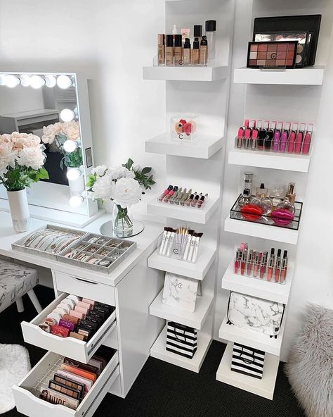 VANITY COLLECTIONS on Instagram: “For all the IKEA Lack shelf lovers. 😍 . These shelves are perfect for space saving but still allowing you to store and organise your…” Vanity Storage Ideas, Ikea Lack Shelf, Makeup Room Design, Vanity Collections, Lack Shelf, Ikea Lack Shelves, Makeup Vanity Storage, Makeup Beauty Room, Drawing Room Decor