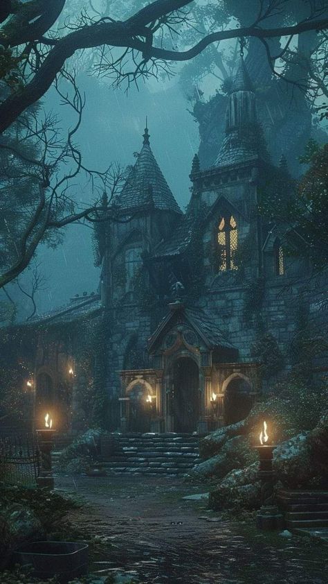 Gothic Fantasy Landscape, Necromancer Lair, Dark Mansion, Vampire Castle, Witches Castle, Fantasy Cottage, Dark Castle, Creepy Houses, Dark Fairytale