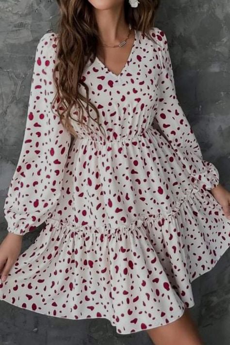 Dalmatian Print Lanterns Sleeve Raffle Hem Dress Flowery Dress Casual, Frock Designs For Women, Maxi Vestidos, Fancy Short Dresses, Flowery Dresses, Simple Frocks, Frock Fashion, Simply Dress, Chic Maxi Dresses