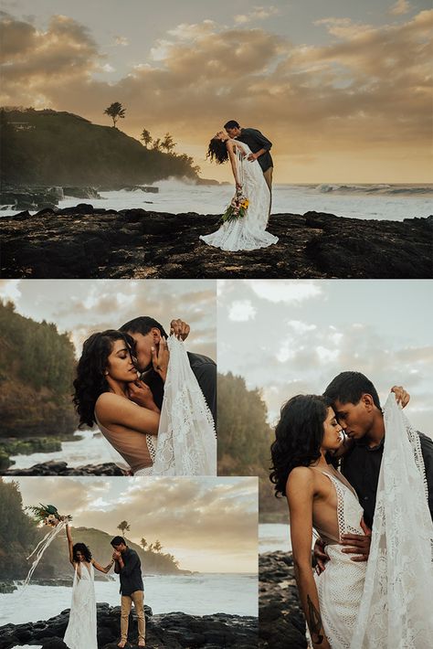 Elopement inspiration. Elopement destinations. Elopement photography. Elopement outfits. Kauai Elopement. Hawaii Elopement Destination Wedding Hawaii Oahu, Hawaii Wedding Destinations, Elope On The Beach, Elopement Ideas Hawaii, Hawaii Wedding Photoshoot, Elopement In Hawaii, Hawaii Wedding Elopement, Hawaii Wedding Pictures, Eloping In Hawaii