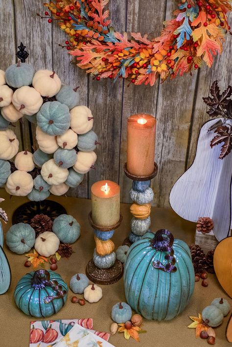 Blue Halloween Decor, Blue And White Fall Decor, Rattan Fabric, Blue Fall Decor, Autumn Farm, Fall Patio, Nautical Ideas, Fall Pumpkin Centerpieces, Blue Halloween