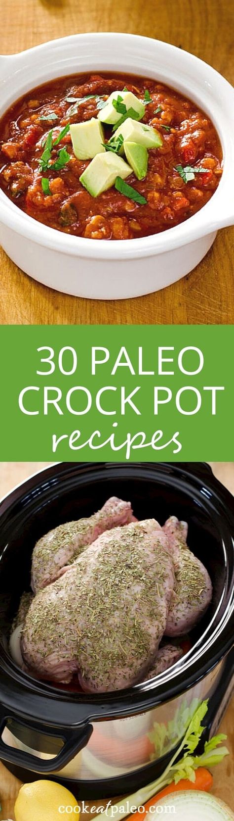 30 paleo crock pot recipes from main dishes to soups, sides and more. Gluten-free, grain-free, slow cooker recipes for chicken, beef, pork and vegetables. ~ http://cookeatpaleo.com Paleo Crock Pot Recipes, Paleo Crock Pot, Chili Sides, Paleo Crockpot Recipes, Recipes Pictures, Paleo Diet Meal Plan, Recipes For Chicken, Vegan Crockpot, Paleo Snack