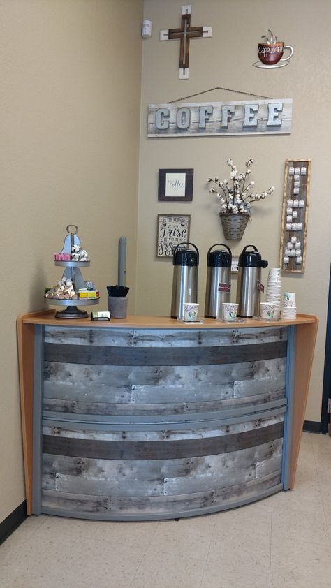 Commercial Coffee Bar Ideas, Church Coffee Bar Ideas Design, Church Entryway Decor Foyers, Church Fellowship Hall Decor, Church Coffee Station, Small Church Foyer, Lobby Area Design, Church Renovation Ideas, Church Entryway Decor