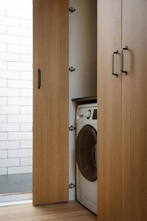 60 Clever Ways To Hide A Washing Machine & Dryer In Your Home Closet With Washer And Dryer, Washer Dryer Closet, Freedom Kitchens, Hidden Laundry Rooms, European Laundry, Modern Closet Doors, Rustic Closet, Laundry Cupboard, Laundry Doors