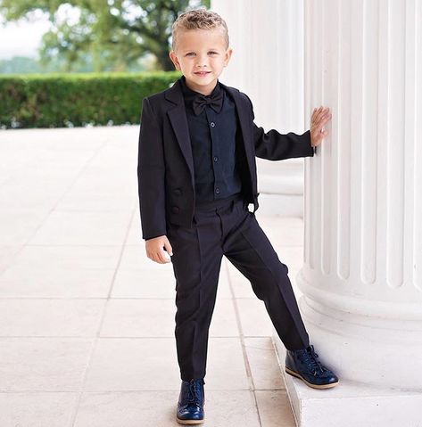 Who says black doesn’t go with blue?  This cutie is wearing Charles Suit in Black & Gjergjani G07-02  In stock and ready to ship   Order  ittybittytoes.com  Worldwide Delivery ✈️ittybittytoes All Black Tuxedo, Boys Tuxedo, Long Sleeve Cotton Dress, Suspenders Set, Black Tux, Black Bow Tie, Suit Black, Black Slacks, Black Tuxedo