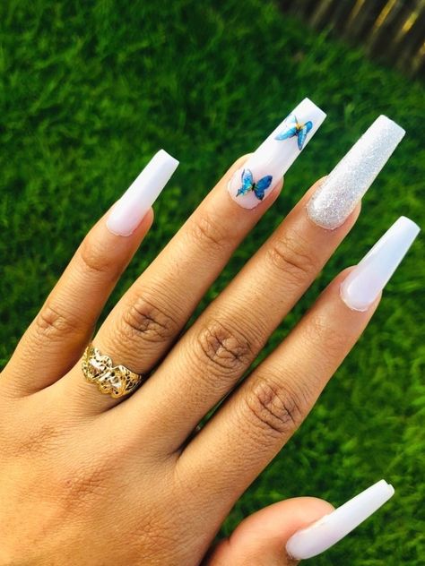 White Nails With Designs Butterfly, Summer Acrylic Nails Coffin White, White Acrylic Nails Ballerina Medium, White Powder Acrylic Nails With Design, White Acrylic Nails With Butterflies, Nail Ideas With Butterflies, White Nails With Butterfly, Nails Ballerina Medium, All White Nails With Design