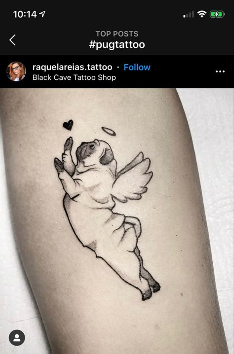 Pug Angel Tattoo, Pug Memorial Tattoo, Pug Outline Tattoo, Pug Tatoos, Puggle Tattoo, Pug Tattoo Ideas, Angle Wing Tattoos, Small Angel Tattoo, Pug Tattoo