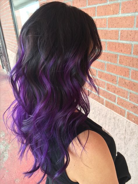 Black Hair With Purple Halo, Purple Hair Fade Out, Royal Purple Highlights, Bottom Half Dyed Hair Purple, Color Fade Hair Brunette, Purple And Black Balayage, Dark Hair With Purple Underneath, Purple And Brunette Hair, Purple And Dark Brown Hair