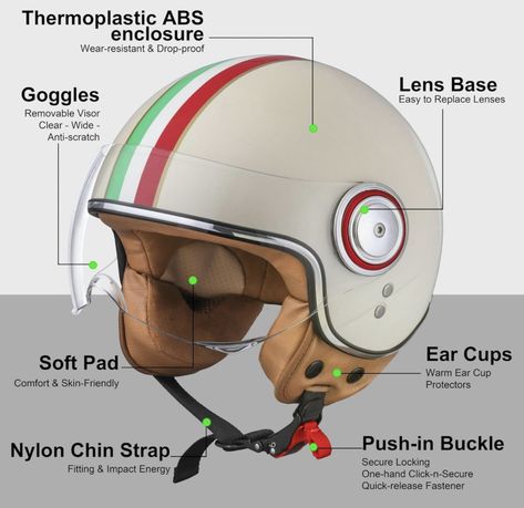 The Vintage 3/4 motorcycle helmets comply with U.S. safety regulations & DOT FMVSS NO.218 certified🛵SAFETY FEATURES: The Retro helmet shell is by made of high grade ABS material, high density EPS foam and well cushioned to keep cooler & ensure safe riding.🛵For Men and Women🏍️PRACTICAL DESIGN: soft lining & removable earmuffs for cool ventilation or insulation🔸 Can be adjusted for use according to riding speed, open face helmet, 3/4 helmet🛵HIGH DEFINITION LENSE: Sun visor eye protection for clear visibility 🏍️PUSH-IN BUCKLE: unlock quickly, easy adjustment for re-size of the elastic band🔸Easy to release chin strap🛵Click For More!🏍️ Helmet For Women, Vespa Helmet, Retro Vespa, Open Face Motorcycle Helmets, Retro Helmet, Vespa Retro, Open Face Helmets, Half Face, Open Face