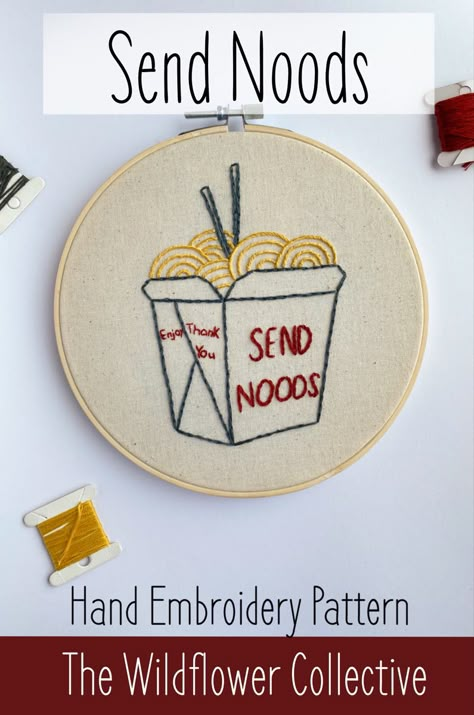 Express your love for noods (of all kinds) with this cheeky little pattern #noodles #embroidery #embroiderypattern #handembroidery #crafting #crafts #funny #humor Funny Embroidery Patterns, Aloha Flower, Beginner Hand Embroidery, Funny Embroidery, Embroidered Hoop, Diy Embroidery Patterns, Hand Embroidery Kit, Pola Sulam, Cute Embroidery