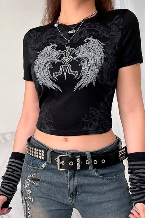 Gothic Fabric, Wing Pattern, Printed Crop Top, Street Y2k, Gothic Clothes, Retro Streetwear, Baby Tees, Summer Crop Tops, Rhinestone Decor