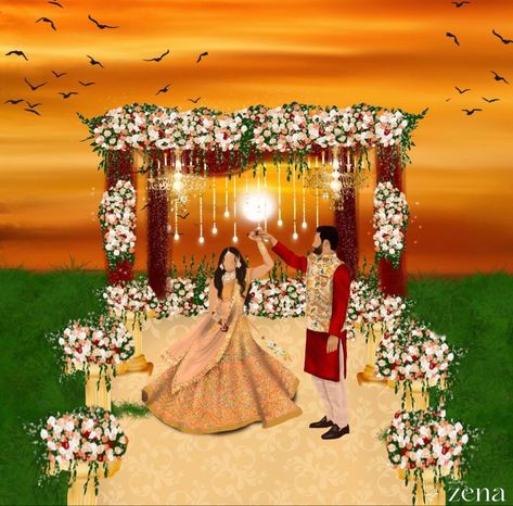 Wedding Mandap Illustration, Mandap Illustration, Groom Cartoon, Caricature Wedding Invitations, Illustrator Portrait, Couple Illustration Wedding, Bride And Groom Cartoon, Digital Invitations Design, Wedding Couple Cartoon