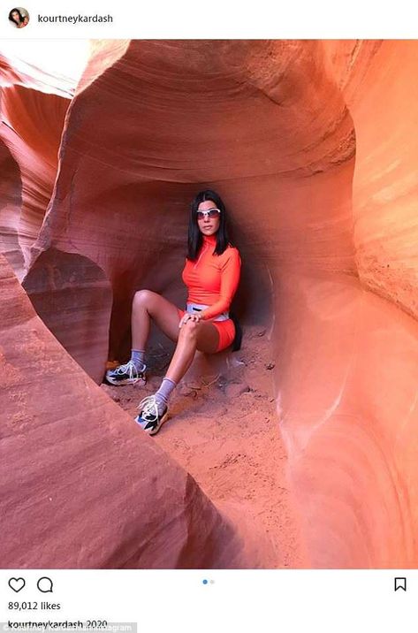 Orange crush: The pinup dressed in orange with Oakley as she posed inside a rock formation while touring Arizona’s Antelope Canyon on Monday Canyon Outfit, Kourtney Kardashian 2018, Gran Canyon, Younes Bendjima, Arizona Photography, Cycling Sunglasses, Toned Abs, Fresh Outfits, Model Aesthetic