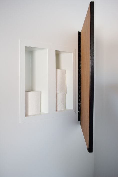 This Picture Has a Secret: Hiding a Toilet Paper Shelf Between The Studs - The Cozy Clarks Toilet Paper Storage In Bathroom, Toilet Paper Storage Powder Room, Above Toilet Niche, Above Toilet Wall Decor, Powder Room Toilet Paper Storage, Toilet Paper Cabinet, Above Door Storage Ideas, Niche Above Toilet, Water Closet Storage