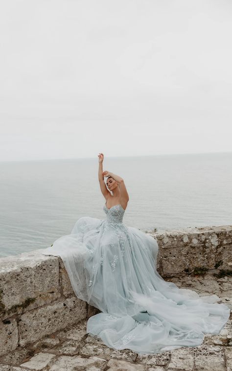 Lace Strapless Princess Ballgown Wedding Dress in Windsor Blue Very Light Blue Wedding Dress, Winter Blue Wedding Dress, Icy Blue Wedding Dress, Blue Flower Wedding Dress, Blue Wedding Dress Aesthetic, Powder Blue Wedding Dress, Light Blue Wedding Dress The Bride, Blue Wedding Dress Bride, Pastel Blue Wedding Dress