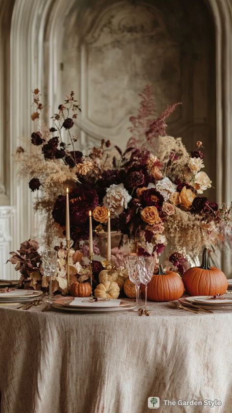 Fall and Thanksgiving Tablescapes for Round Tables: Setting the Perfect Table - The Garden Style Thanksgiving Setting Table, Maximalist Thanksgiving Table, Copper Thanksgiving Tablescape, Burgundy Fall Decor Home, Purple Thanksgiving Decor, Moody Round Table Wedding, Simple Fall Wedding Tablescapes, Fall Fruit Tablescape, Autumn Tea Party Table Settings