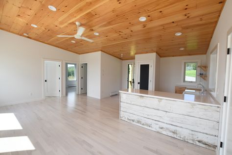 Pine Ceiling Living Room, Pine Ceilings, Knotty Pine Ceiling, Patio Ceiling Ideas, Modern Ranch Home, Pine Ceiling, Patio Ceiling, Sheet Rock Walls, Knotty Pine Walls