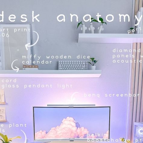 ani ˘͈ᵕ˘͈ on Instagram: "happy new week! 🤍

Figured I’d share a new desk anatomy since my desk has changed quite a bit since I did the first 2 parts of this 🙈 I will be updating my Amazon storefront as well so you can find some of these new goodies there. 

Tagging a few of the items below! 👇🏻 
1. Mod pendant light by @colorcord 
2. Large desk mat in stone by @orbitkey 
3. Diamond ash wood panels with white acoustic felt by @wallribbon 
4. Screenbar Pro by @benq_lighting 

Let me know in the comments if there are any other items on my desk you wish to learn more about!

Hope you all have a great start to the week! ✨

desk setup | desk anatomy | white setup | minimalist decor | cozy office 
________________________
#deskdecor #desksituation #deskinspo #deskaesthetic #desklife #cozyplace Desk Anatomy, Setup Minimalist, White Setup, Cozy Gaming, Cozy Office, Wooden Dice, Desk Goals, Desk Inspo, Happy New Week