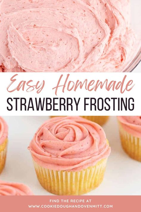 Make your desserts extra special with this Homemade Strawberry Frosting! It takes a bit more time and effort, but the taste is absolutely amazing. The frosting gets its beautiful pink color from fresh strawberry puree, and you'll even find specks of red from bits of real strawberry. This strawberry icing is perfect for topping desserts or any sweet treat that needs a burst of fresh strawberry flavor. Homemade Strawberry Frosting, Cupcake Icing Recipe, Strawberry Frosting Recipes, Strawberry Icing, Fresh Strawberry Recipes, Fresh Strawberry Cake, Strawberry Butter, Frosting Recipes Easy, Strawberry Frosting