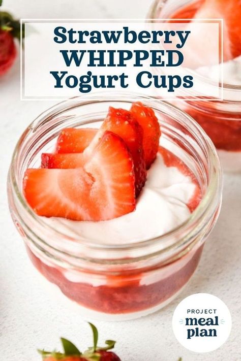 These Strawberry Whipped Yogurt Cups are perfect for dessert or breakfast meal prep. Delicious, easy to make, and perfectly portioned! Dessert Meal Prep, Whipped Greek Yogurt, Strawberry Yogurt Parfait, Whipped Yogurt, Homemade Strawberry Sauce, Yogurt Dessert, Greek Yogurt Recipes, Breakfast Meal, Strawberry Yogurt