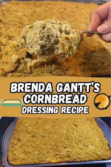 Brenda Gantt’s Cornbread Dressing Recipe - a savory Southern classic with cornbread, shredded chicken, and vegetables. Perfect for holiday gatherings! Southern Chicken Dressing Cornbread, Southern Chicken And Dressing Cornbread, Old Fashioned Chicken And Dressing, Brenda Gantt Cornbread Dressing, Brenda Gantt Dressing Recipe, Southern Cornbread Dressing With Chicken, Cornbread Dressing Southern With Chicken, Black Folks Cornbread Dressing, Cornbread Dressing With Gizzards