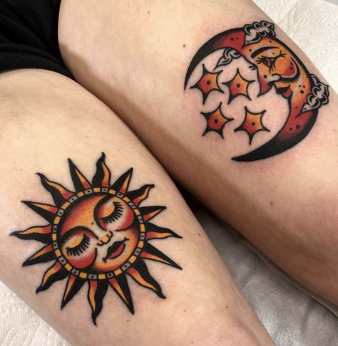 American Traditional Symmetrical Tattoos, American Traditional Ouija Tattoo, American Traditional Banner Design, American Traditional Sea Turtle Tattoo, Matching Above Knee Tattoo, Neo Traditional Sun And Moon Tattoo, American Traditional Tattoo Feminine, Sun And Moon Knee Tattoo, Traditional Shoulder Tattoos For Women