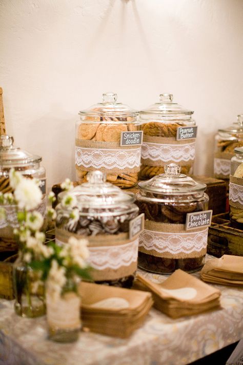 Pretty empty glass jars arranged on a table for guests to add their cookies to. #holidayentertaining Hessian Wedding, Deco Champetre, Wedding Buffet, Cookie Bar, בר מצווה, Santa Barbara Wedding, Burlap Wedding, S'mores, Dessert Bar